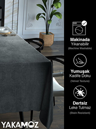 Yakamoz Gümüş Grisi Kadife Dokulu Masa Örtüsü  Dertsiz Velvet Touch Serisi 