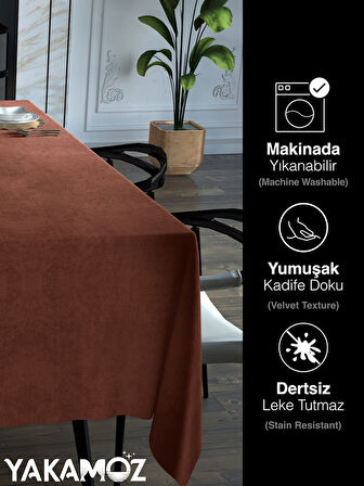 Yakamoz Kiremit Rengi Kadife Dokulu Masa Örtüsü  Dertsiz Velvet Touch Serisi 