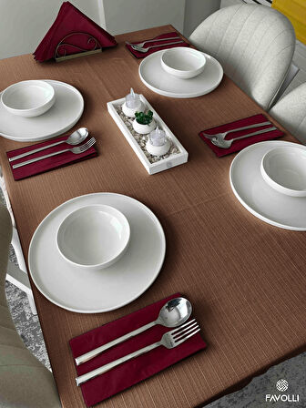 FAVOLLİ Keten Dokulu Açık Kahverengi Masa Örtüsü Dertsiz