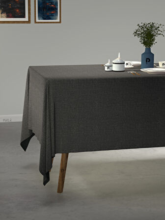 PERLE Koyu Gri Keten Dokulu Masa Örtüsü