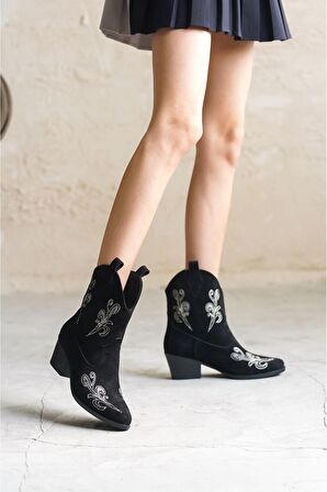 Kadın Sidney Nakışlı Kovboy Bot - Siyah