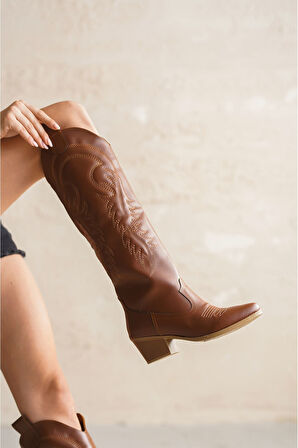 Kadın Rendon Kovboy Çizme - Taba-Deri