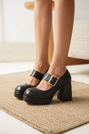 Kadın Romeo  Platformlu Topuklu Ayakkabı - siyah-deri
