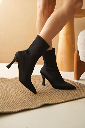 Kadın Lopez Streç Malzeme Sivri Burun Topuklu Bot - Siyah-Dalgıç