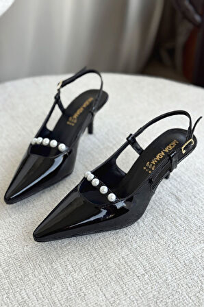 Kadın Justin İncili Kısa Topuklu Ayakkabı - siyah-rugan