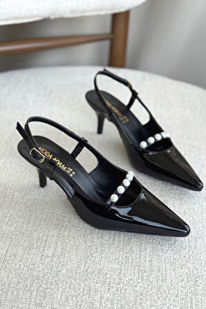 Kadın Justin İncili Kısa Topuklu Ayakkabı - siyah-rugan