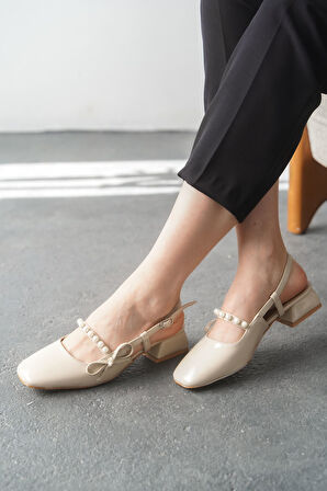 Kadın Maste İncili Kısa Topuklu Ayakkabı - Ten-Rugan