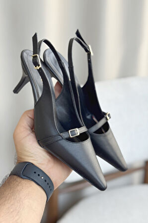 Kadın Deplay Tokalı Kısa Topuklu Ayakkabı - siyah-deri