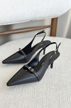 Kadın Deplay Tokalı Kısa Topuklu Ayakkabı - siyah-deri