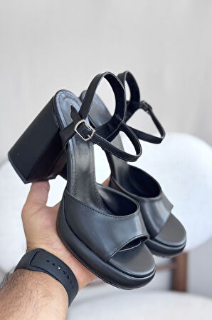 Kadın Andre Platformlu Topuklu Ayakkabı - siyah-deri