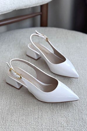 Kadın Mely Tokalı Kısa Topuklu Ayakkabı - Beyaz-Rugan