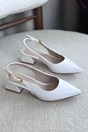 Kadın Mely Tokalı Kısa Topuklu Ayakkabı - Beyaz-Rugan