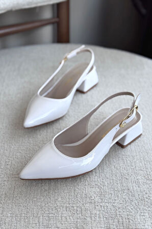 Kadın Mely Tokalı Kısa Topuklu Ayakkabı - Beyaz-Rugan
