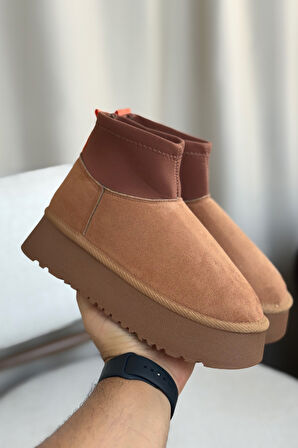 Kadın Royal Streç Kısa Bot - Taba Süet