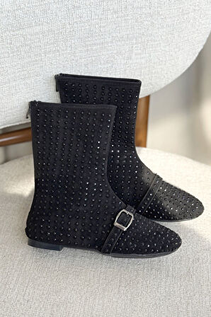 Kadın Geste Taşlı Düz Taban Bot - Siyah