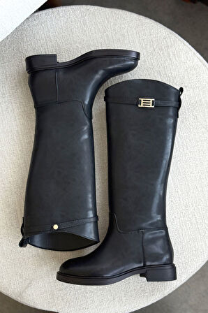 Kadın Nantes Düz Tabanlı Tokalı Çizme - siyah-deri