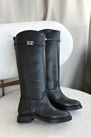 Kadın Nantes Düz Tabanlı Tokalı Çizme - siyah-deri