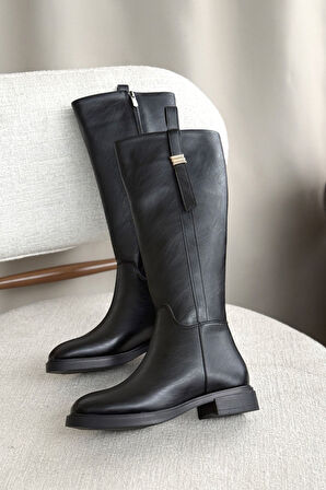 Kadın Gail Düz Tabanlı Tokalı Çizme - siyah-deri