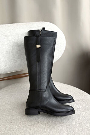 Kadın Gail Düz Tabanlı Tokalı Çizme - siyah-deri