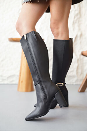 Kadın Sosa Kalın Topuklu Tokalı Çizme - siyah-deri