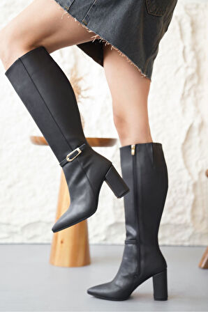 Kadın Sosa Kalın Topuklu Tokalı Çizme - siyah-deri