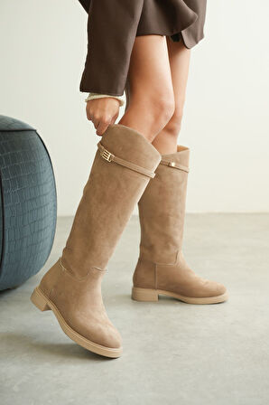 Kadın Nantes Düz Tabanlı Tokalı Çizme - Vizon