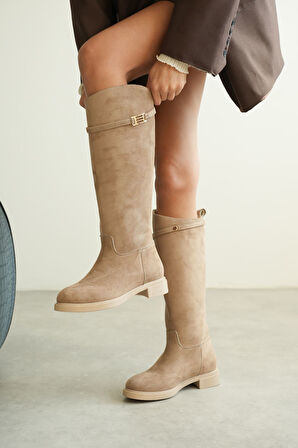 Kadın Nantes Düz Tabanlı Tokalı Çizme - Vizon