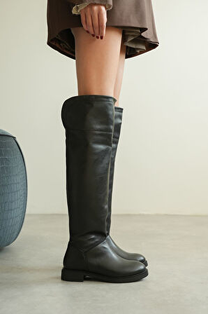 Kadın Goxi Düz Tabanlı Dizüstü Çizme - siyah-deri