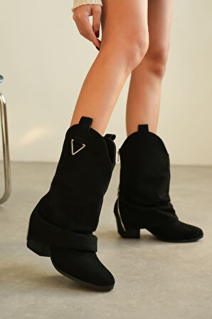 Kadın Silver Kovboy Geniş Konç Çizme - Siyah Süet