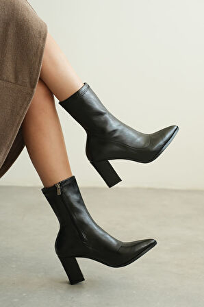 Kadın Enjoy Kalın Topuklu Streç Bot - siyah-deri