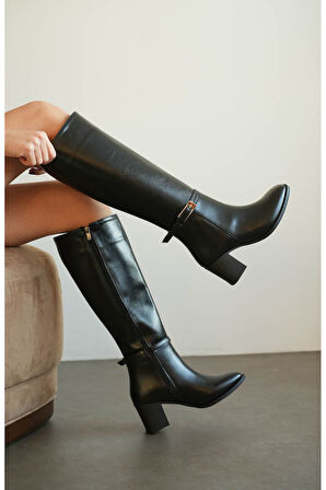Kadın Luvec Kısa Topuklu Tokalı Çizme - siyah-deri