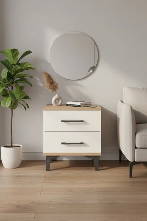 Silva Komodin 2 Çekmeceli - Çam & Aytaşı Renkleri - 44x30x48 cm - Yatak Odası - Sehpa - Mini Dolap - Antre - Salon