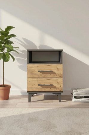 Silva Antrasit Çam Tek Raflı 2 Çekmeceli Komodin 44x30x64 cm - Yatak Odası - Antre - Salon - Mini Dolap - Sehpa