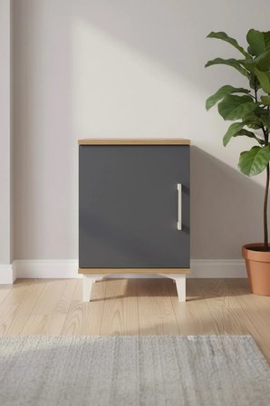 Silva Komodin 2 Raflı Tek Kapaklı 44x30x64 Çam-Antrasit | Modern Depolama Çözümü - Mini Dolap - Sehpa - Yatak Odası - Antre