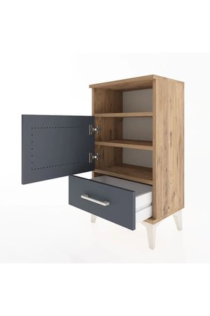 Silva Komodin: 3 Raflı, Tek Kapaklı, Çam-Antrasit (44x30x80) - Yatak Odası - Mini Dolap - Kitaplık - Salon