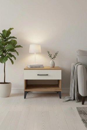 Silva Komodin 60x30x48 Tek Çekmeceli - Atlas Çam & Aytaşı Rengi - Mini Dolap - Sehpa - Salon - Antre