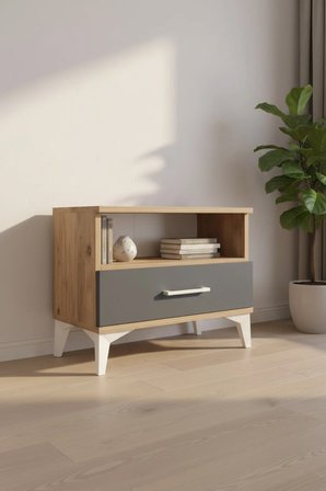 Silva Komodin: 1 Çekmeceli, 1 Raflı, 60x30x48 cm, Çam-Antrasit - Mini Dolap - Sehpa - Balkon - Antre - Yatak Odası