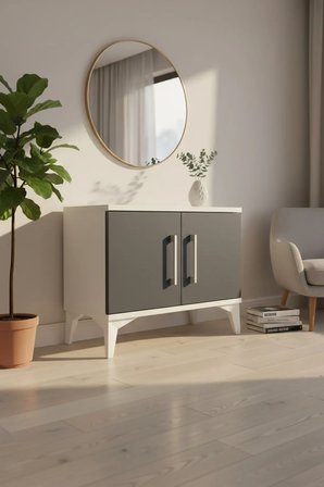 Silva Antrasit-Aytaşı Tek Raflı 2 Kapaklı Komodin (60x30x48) - Yatak Odası - Mini Dolap - Balkon - Antre - Salon - Sehpa