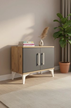 Silva Komodin 2 Kapaklı Raflı 60x30x48 Çam-Antrasit | Modern Depolama - Mini Dolap - Antre - Sehpa - Salon - Yatak Odası