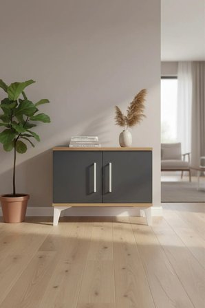 Silva Komodin 2 Kapaklı Raflı 60x30x48 Çam-Antrasit | Modern Depolama - Mini Dolap - Antre - Sehpa - Salon - Yatak Odası