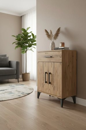Silva Atlas Çam Komodin: 1 Çekmeceli, 2 Kapaklı, 1 Raflı (60x30x80 cm) - Mini Dolap - Antre - Salon - Yatak Odası