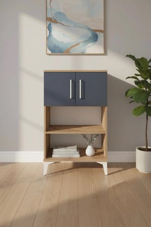Silva Komodin 2 Raflı 2 Kapaklı Çam Antrasit 60x30x96 cm - Modern Tasarım - Mini Dolap - Kitaplık - Sehpa - Antre - Salon - Yatak Odası