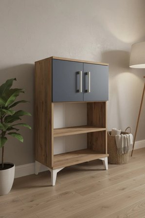 Silva Komodin 2 Raflı 2 Kapaklı Çam Antrasit 60x30x96 cm - Modern Tasarım - Mini Dolap - Kitaplık - Sehpa - Antre - Salon - Yatak Odası