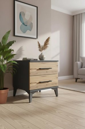 Luna Komodin 2 Çekmeceli Antrasit-Çam: Şık ve Fonksiyonel Saklama Çözümü - Yatak odası - Mini Dolap - Antre - Sehpa - Balkon - Salon