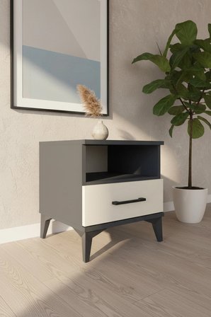 Luna Antrasit-Aytaşı Komodin: Tek Çekmeceli, Tek Raflı 44x44x48 - Mini Dolap - Salon