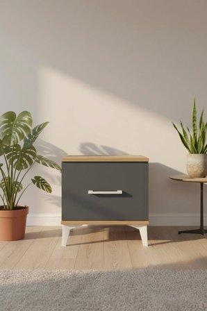 Luna Komodin: Tek Çekmeceli, Atlas Çam & Antrasit Detaylı 44x44x48 - Mini Dolap - Salon - Antre - Sehpa