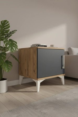 Luna Komodin 44x44x48 cm | Tek Kapaklı, Çam-Antrasit, Şık Tasarım - Mini Dolap