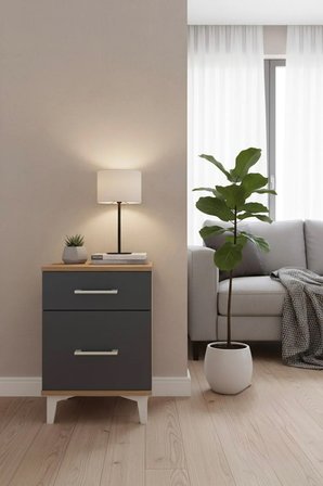 Luna Komodin 2 Çekmeceli Çam-Antrasit: Modern Tasarım & Fonksiyonellik - Mini Dolap - Antre - Salon - Yatak Odası
