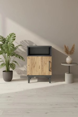 Luna Antrasit-Çam Tek Raflı Tek Kapaklı Komodin 44x44x64 - Antre - Sehpa - Yatak Odası - Mini Dolap - Balkon - Salon