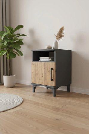 Luna Antrasit-Çam Tek Raflı Tek Kapaklı Komodin 44x44x64 - Antre - Sehpa - Yatak Odası - Mini Dolap - Balkon - Salon